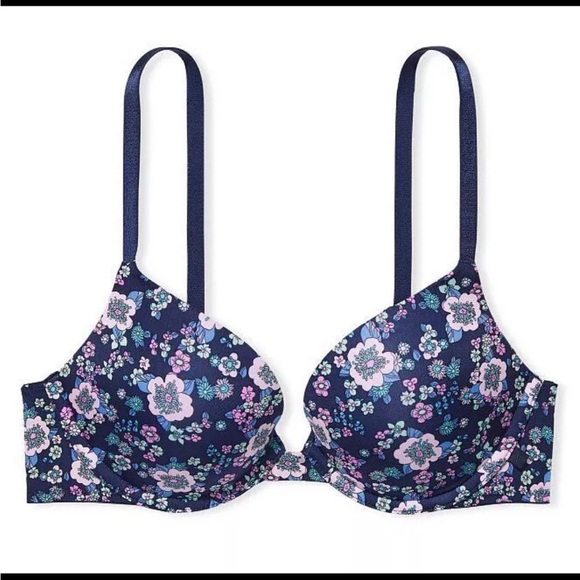 Victoria’s Secret Push Up Bra Navy Blue Floral Tropical Flowers 32DD - Picture 1 of 7